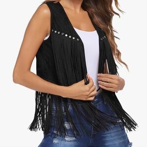 Black Sleeveless Western Fringe Vest for Women